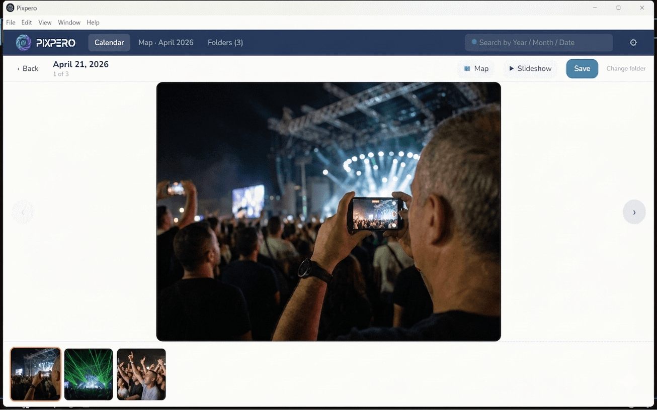 Pixpero — Day Viewer with large photo and thumbnail strip